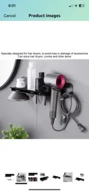 New Modern Black Bathroom Shelf - Holds Hair Dryer
