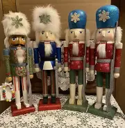 Set Of 4 - 15” Snowflake Glitter Sparkle Fur Feather Hat Wooden Nutcrackers