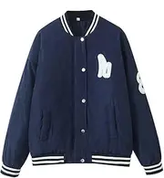 [PTBNRDC] Womens Casual Baseball Coat Varsity Jacket Long Sleeve Button Down Bomber Jackets