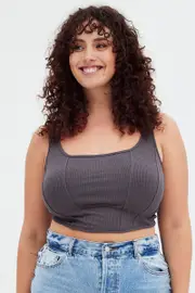 Grey Corset Top Sleeveless Scoop Neck Rib Jersey