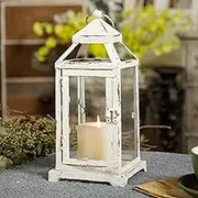 Rustic Metal Candle Holders 12" Tall, Hanging Vintage Distressed White Outdoor Candle Lanterns Decorative for Pillar, Farmhouse Hurricane Candle Holder Glass for LED Christmas Weddings Fireplace