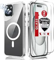 LeYi for iPhone-15 Case: Shockproof [Competible with Magsafe] with 2 X Tmepered Glass Screen Protection & Camera Lens Protector, Slim Anti-Yellow para iPhone 15 Phone Case Crystal Clear