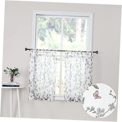 Short Sheer Floral Tier Curtains Flower Butterfly 30"W x 24"L (Pack of 2) Grey