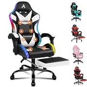 ALFORDSON RGB Gaming Chair with 8 Points Massage and Recline, Ergonomic Executive Office Chair PU Leather with Footrest, Height Adjustable Racing Chair with LED Light, 180kg Capacity (Lyam White)