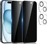 2 Pack Privacy Screen Protector for iPhone 15 Plus (6.7 inch) with 2 Pack Camera Lens Protector, Anti Spy Tempered Glass Film