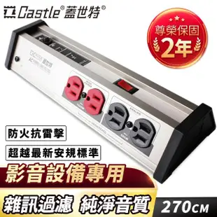 【Castle蓋世特】1開8插 影音設備專用 鋁合金防火防雷淨化濾波轉接器插座 延長線 電源線-2.7M(鈦灰色)