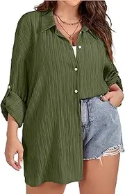 [SCOMCHIC] Women Plus Size Button Down Shirts Long Roll Up Sleeve V Neck Collared Casual Blouses Oversized Shirt Tops