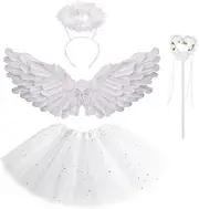 Ricjurzzty 4PCS Angel Costume Set Feather Angel Wings Halo Headband Wand Tutu Skirt for Girls Kids Dress up Accessories