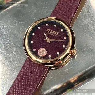 VERSUS VERSACE凡賽斯精品錶,編號：VV00375,36mm圓形玫瑰金精鋼錶殼酒紅色錶盤真皮皮革酒紅色錶帶