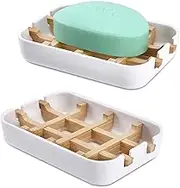 ATDORO 2 Pack Bar Soap Holder Shower, Soap Holder, Bamboo Wooden Soap Dishes for Bathroom, Sink Deck Bathtub Shower Tray (White)