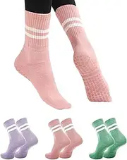 [LungDongQuest] Yoga Pilates Sock For Women,Non Slip Socks for Home Bedroom,Ballet,Dance,Gym Workout Anti Skid Crew Socks, Pink+Green+Purple(3 Pairs)