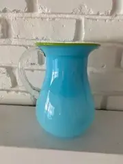 Glass Water or Tea Pitcher in Blue with Green Trim New