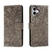 For iPhone 16 Plus Case, PU Leather Floral Lace Cover, Grey