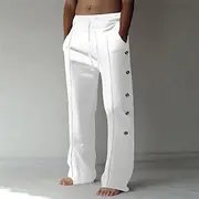 Men's Linen Pants Trousers Summer Pants Beach Pants Elastic Waist Side Button Straight Leg Plain Comfort Breathable Full Length Daily Holiday Beach Fashion Cla