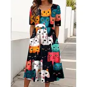 Women's Midi Dress Summer Dress Pleated Dress Vacation Casual Holiday Regular Fit Graphic Animal Cat Half Sleeve Crew Neck Black White Brown Summer Spring