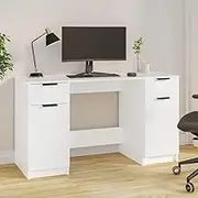 Desk with Side Cabinet, White Engineered Wood Computer Office Table | Home Work Desks & Standing Desk