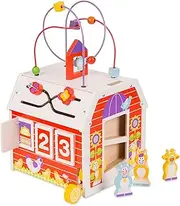 Melissa & Doug First Play Slide, Sort & Roll Wooden Activity Barn with Bead Maze, 6 Wooden Play Pieces (11.75” x 11.75” x 20” Assembled)