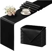 Manyshofu Satin Black Table Runner - 12 x 108 Inch Long Size, Party Decor for Banquet, Chef, Birthday, Buffet, Dinner, Graduations