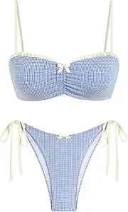 [ZAFUL] Womens Bikini Set Tie Side Color Block Two Piece Swimsuits Gingham Spliced Ruched Ruffles Trim Cute Bikini