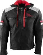 Rusty Stitches Jari Hooded V2, leather jacket , color: Black/Light Grey/Red , size: M
