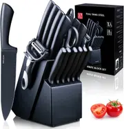 Kitchen Knife Set with Block for Chef, Black Steak Knives & Sharpener