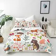 ANHOPE Woodland Animal Duvet Cover Set Soft Lightweight 3Pcs Bedding Set with 2 Pillowcase Jungle Safari Bear Fox Owl Print Pattern Kids Baby Boys Girls Nursery Quilt Cover with Zipper Double Size