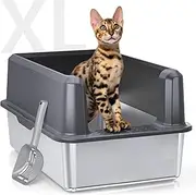 Stainless Steel Litter Box with High Side, XXL Extra Large Cat Litter Box for Big Cats & Multiple Cats, Non-Sticky, No Urine Leakage, Easy Clean Cat Litter Pan Include Scoop