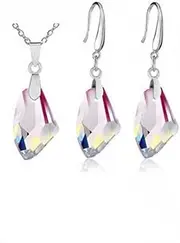 [Generic] Sets Geometric Crystal Pendant Necklace Hook Earwire Earrings Wedding Accessory