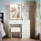 White Dressing Table Set with LED Lighted Makeup Mirror 3 Light Colors + Stool