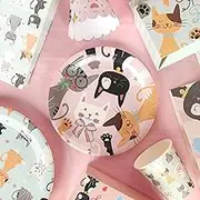 138Pcs Cat Party Tableware Set, 16 Guests Party Supplies with Banner, Plates, Cups, Knives, Forks, Spoons, Napkins, Tablecloth, Cupcake Toppers and Wrappers for Birthday Party, Baby Shower and Cat Theme Party