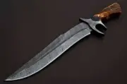 custom handmade damascus steel 18" bowie knife rose wood handle with clip