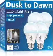 4 Pack Dusk to Dawn LED Outdoor Light Bulbs, 5000K, 9W, A19 E26