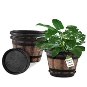 3 Pack 10 inch Plant Pots,Whiskey Barrel Planters with Drainage Holes &