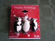 3 Penguins On Ice Skates Brooch Pin Badge TARGET 2"W x 1.75"H - NEW