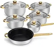 Gugxiom 6 PSC kitchen Pots and Pans Set,Stainless Steel Pan Set with Smooth Glass Cover,Cooking Pot Set for Induction Hobs and All Hobs