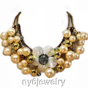Unique! Shell Pearl, Gold & Crystal Bib Flower Necklace w/Gold Tone Clasp 21-24"