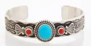 Navajo Handmade Silver with Turquoise and Coral Bracelet by Mike Calladito