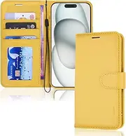 TECHGEAR iPhone 15 Leather Wallet Case, Flip Protective Case Cover with Wallet Card Holder, Stand and Wrist Strap - Yellow PU Leather with Magnetic Closure for iPhone 15 6.1"