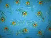 PEACOCK FEATHERS METALLIC GOLD BLUE FEATHERS COTTON FABRIC FQ