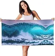 HTTUP Blue Ocean Wave Print Quick Dry Beach Towel Lightweight Oversized for Adults for Travel and Pool Towels