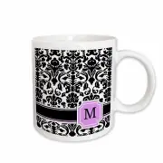 3dRose Personal initial M monogrammed pink black and white damask pattern girly