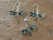 Dragonfly 3 pc Set Pendant & Earrings Sterling Silver Onyx Gemstone & Opal T37