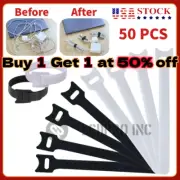 50Pcs Cable Straps Black Wire Cord Hook Loop Ties Reusable Fastening Organizer