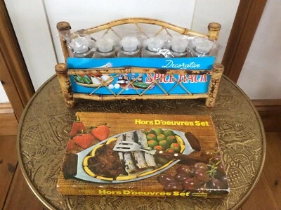 Vintage MCM 60s Bamboo Kitchen Spice Rack Apothecary Glass Jars & Tray