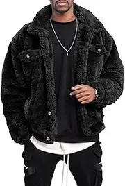 [Qolkmuiy-GJ] Men's Classic Fluffy Faux Shearling Jacket Button Down Sherpa-Lined Long Overcoat Shaggy Suede Warm Thick Coat