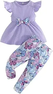 [Huloretions] Toddler Girls 2 Piece Outfits Cotton Strip Flutter Sleeve Top Butterfly Print Pantsgirls Spring Clothes, Purple