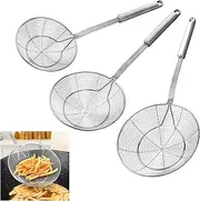 KEISSCO Stainless Steel Spider Strainer Skimmer Spoon For Frying and Cooking - Set of 3 Solid Wire Asian Strainer Ladle Pasta Strainer with Long Handle, Professional Kitchen Skimmer Ladle