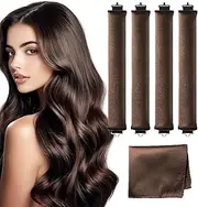 4PCS Heatless Curlers Heatless Blowout Rods Curling Rod, Heatless Curls with Satin Scarf Hairs Curlers, No Heat Overnight Blowout Rods Heat less Hair Curler for Women DIY Hair Styling (‎Brown)