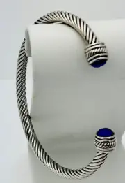 1990s Silver Tone Designer Look Blue Cabochon Flexible Bangle 6 1/2”-7 1/2”