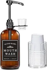 Amber Glass Mouthwash Dispenser for Bathroom With Reusable Cup Holder and Pump, Glass and Clear Plastic Paper Cup Dispenser Included, 16 Oz Rustic Boho Farmhouse Decor